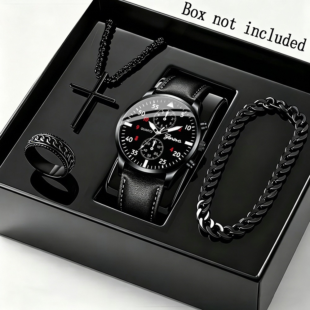 Men Accessories Ring And Bracelet - Elegant 4pcs Men's Business Quartz Watch